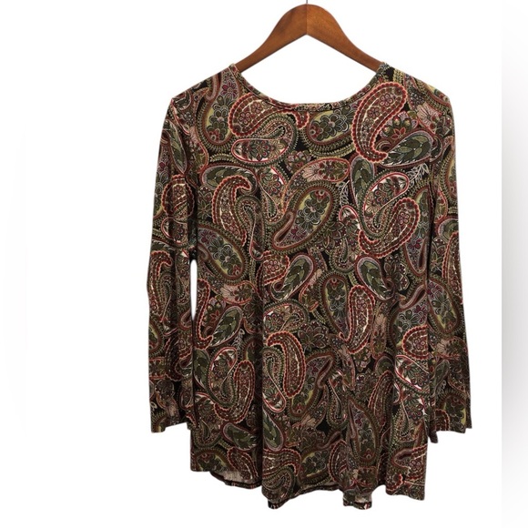 J Jill XL Green Pink Paisley Blouse Smocked In Back L/S - Picture 1 of 5